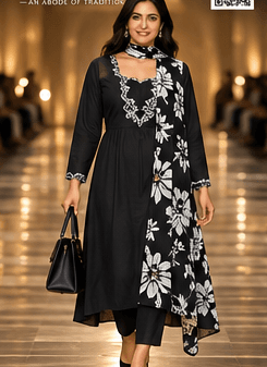 Indian model in a black outfit with floral styling