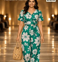 Indian model in a green floral dress