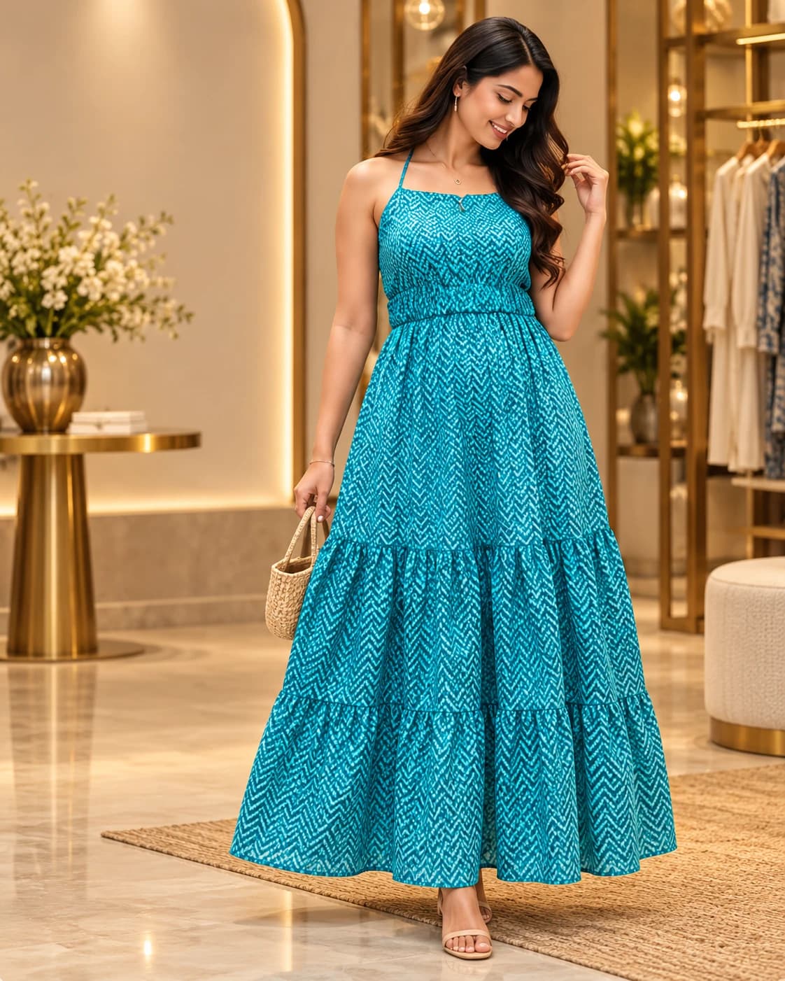 Indian model wearing a turquoise Rivalaya dress