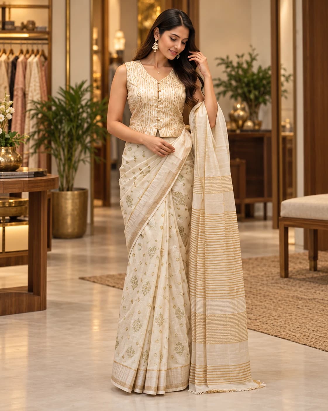 Indian model wearing an ivory Rivalaya saree