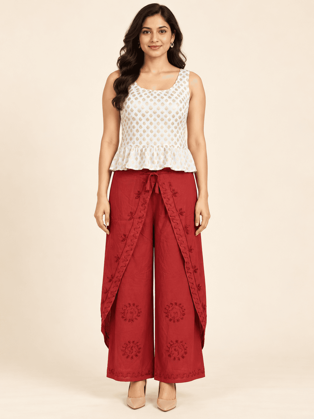 Rivalaya model in an Indo-Western peplum and palazzo set for custom fitting inspiration