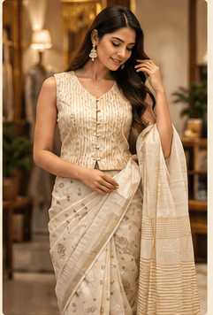 Indian model wearing a traditional ivory and gold saree