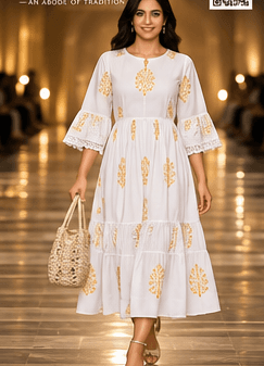 Indian model wearing a white and gold boutique dress